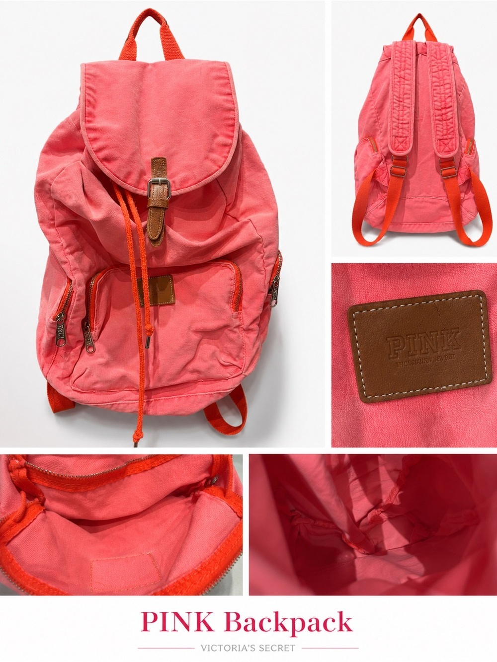 PINK Victoria's Secret Coral Canvas Drawstring Backpack